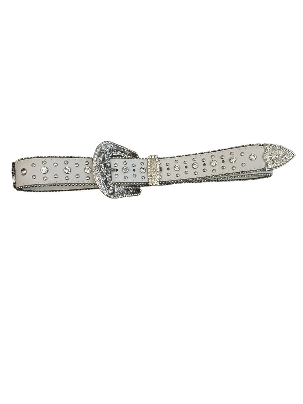 White Rhinestone Western Buckle Belt - Decorative Crosses & Silver Hardware - Picture 5 of 5